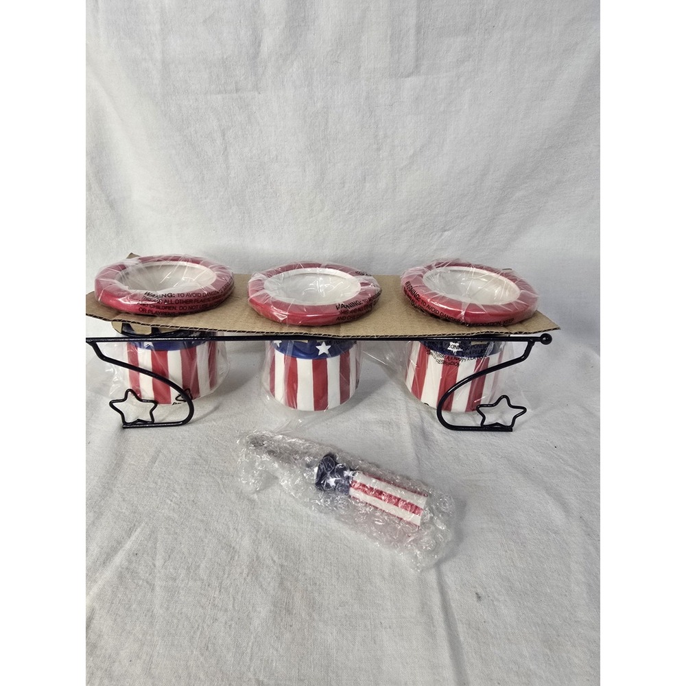 Avon Americana Condiment Set‎ 3 Ceramic Bowls Spreader Metal Rack F3613461 2012